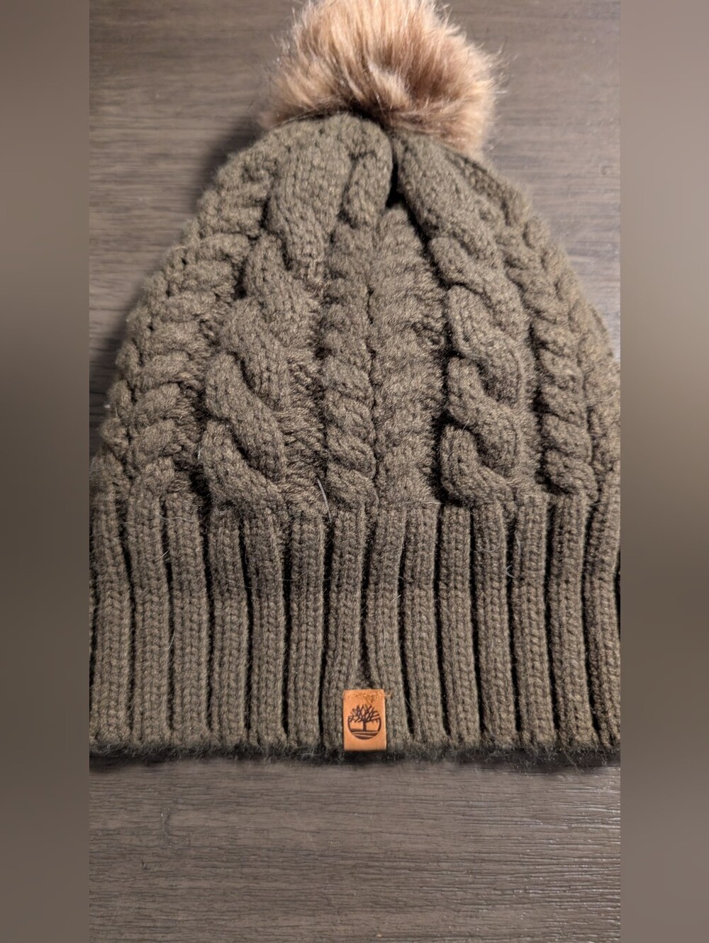 Timberland Olive Green Cable-Knit Pom Beanie with Faux-Fur Pom